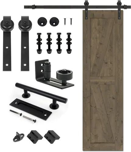 S&Z TOPHAND® Puerta de granero de pino nudoso gris elefante de 20 x 84 pulgadas con kit de herrajes deslizantes de 4 pies/mango de doble cara/madera