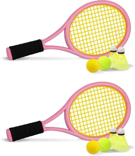 Raqueta de tenis para niños, raqueta de tenis de plástico de 17 pulgadas con 2 bolas suaves, 2 pelotas de tenis y 4 volantes para niños, juegos