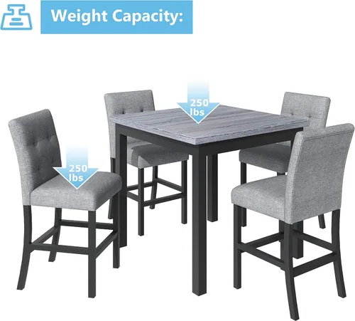 Miniatura 6 de Elegante juego de mesa de comedor, juego de comedor cuadrado de 5 piezas con altura de mostrador con 4 sillas tapizadas de respaldo alto, diseño