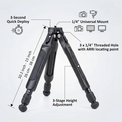 Miniatura 2 de Zeadio Trípode de cámara ajustable, trípode portátil de viaje de aluminio de mesa, altura ajustable de 3 etapas, capacidad de carga de 11.0 lbs