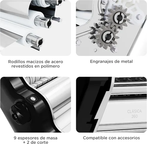 Miniatura 9 de PASTALINDA Máquina para hacer pasta Classic 260, rodillos de 10.2 in de ancho, 9 posiciones de grosor, 2 posiciones de corte, acero inoxidable. Negro