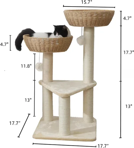 Miniatura 7 de SHENGOCASE Torre de árbol para gatos con cesta de mimbre de ratán, 2 cestas nido grandes tejidas a mano cama, percha de ventana para gatos grandes