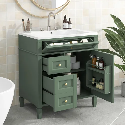 Miniatura 12 de Virubi Tocador de baño de 30 pulgadas con fregadero de cerámica, armario de almacenamiento independiente moderno con 1 puerta, 2 cajones y cajón Azul