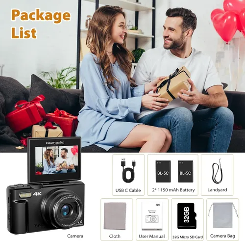 Miniatura 8 de Cámara Digital 4K para Fotografía, Cámara de Vlogging 4K 64MP para YouTube con Pantalla Abatible de 180° de 3", Cámara WiFi Compacta con Zoom Negro