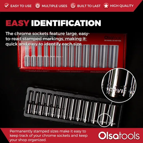 Miniatura 3 de Olsa Tools Juego de llaves profundas SAE - 1/4 pulgadas, 13 piezas - 6 puntas cromadas de 1/8" a 5/8" y tamaños sin saltos - Juego de llaves de vaso