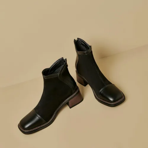 Miniatura 2 de UniqueStride Botas de tobillo vintage para mujer, punta cuadrada, tacón bajo, botas de moda de gamuza con tacón grueso