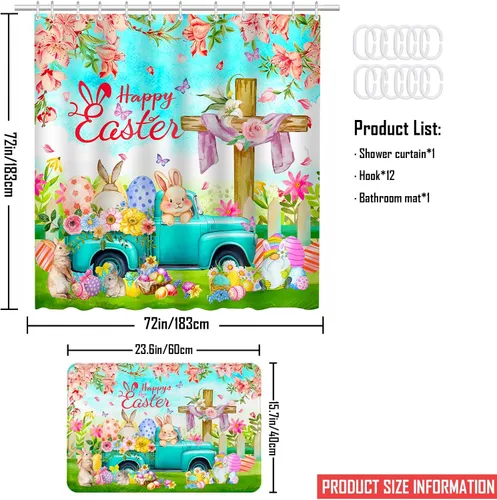 Miniatura 7 de Lutto Cortina de ducha de Pascua, cortinas de ducha de primavera para baño, juego de baño de Pascua con flor de conejo para decoración de baño, 72 x