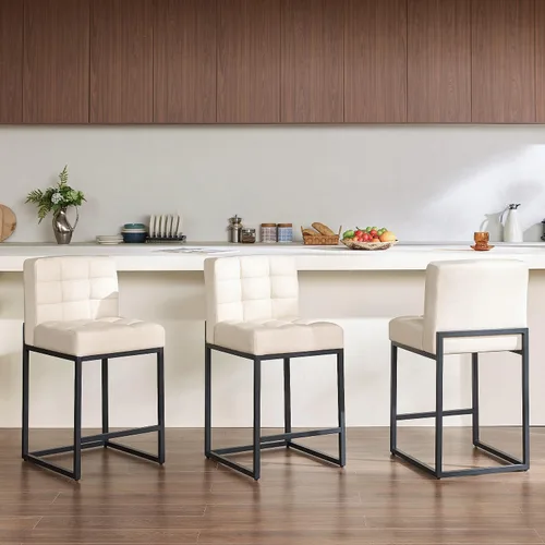 Miniatura 15 de GrandNoor Juego de 2 taburetes de bar modernos de piel sintética beige de 25 pulgadas con patas traseras de metal resistentes, cableado a cuadros