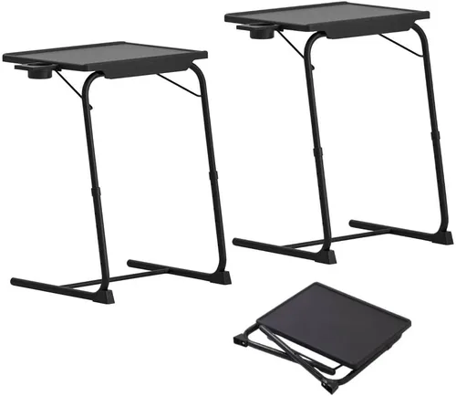 Miniatura 9 de Japard Mesa plegable para TV, mesita de noche pequeña con soporte para tazas, ajustable de 6 alturas y 3 ángulos de inclinación (negro, 2 piezas)