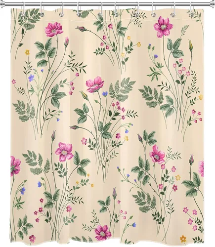 Miniatura 2 de Cortina de ducha floral rosa para baño, flores silvestres y hojas verdes salvia sobre beige, cortinas de ducha con ganchos, juego de cortinas
