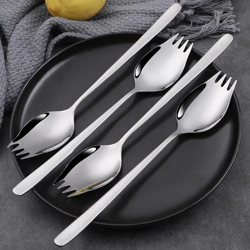 Miniatura 5 de YFWOOD Sporks, 4 tenedores de acero inoxidable 18/10, tenedores de metal para acampar y uso doméstico, mango largo de 7.4 pulgadas de largo