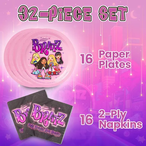 Miniatura 2 de Silver Buffalo Bratz Dolls con Yasmin, Sasha, Jade y Cloe Juego de 32 piezas de vajilla desechable para fiestas: platos de papel y servilletas Bratz