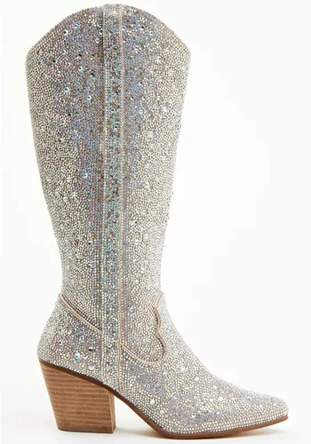 Miniatura 3 de olomisa Botas de diamantes de imitación para mujer, botas vaqueras altas hasta la rodilla, punta puntiaguda, tacón grueso, botas de vaquera