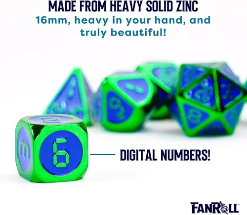 Miniatura 3 de FanRoll - Juego de dados poliédricos de metal de 0.630 in: verde con esmalte azul, dados de juego de rol para Calabozos y Dragones
