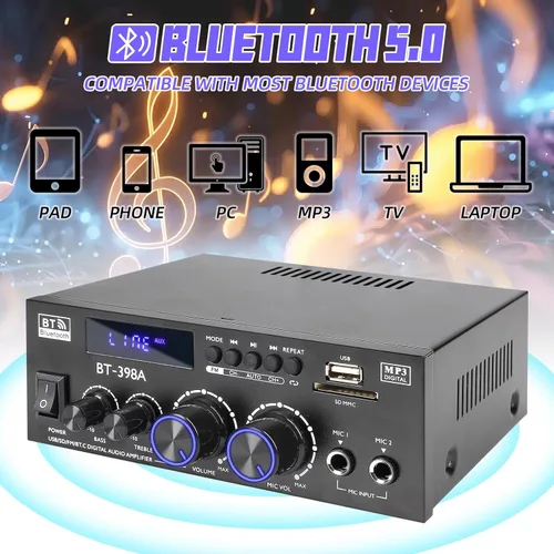 Miniatura 3 de Joengoep BT-398A Amplificador de Audio Estéreo, Receptor para Altavoces Max 900W, Receptor Estéreo de 2.0 Canales con Radio FM, Entradas USB/SD/AUX