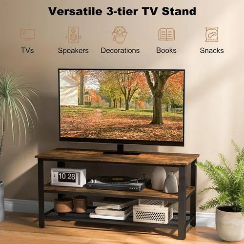 Miniatura 6 de Tangkula Soporte de TV pequeño para televisores de hasta 50 pulgadas, mesa consola de TV de 3 niveles con tomas de corriente, puertos USB, estantes
