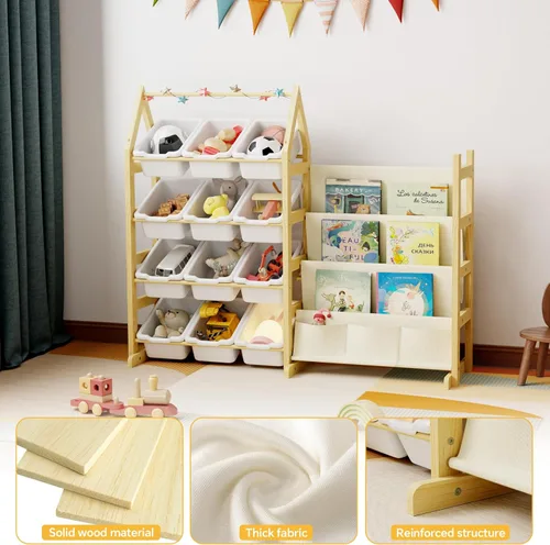 Miniatura 3 de Organizador de Almacenamiento de Juguetes de Madera Estantería para Niños, con 12 Contenedores Organizadores de Juguetes, Estante de Libros