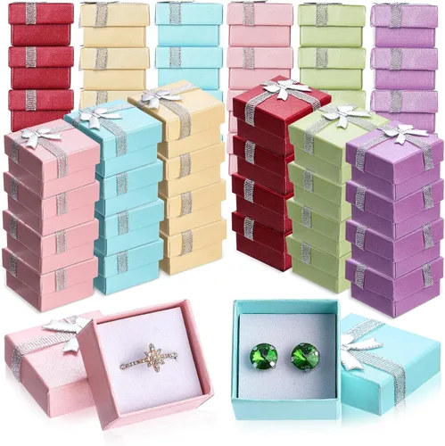 Yinkin Juego de 120 cajas de regalo de anillo de cartón con lazo, cuadrado, varios colores, pequeño, caja de joyería dura para cumpleaños, 6 colores