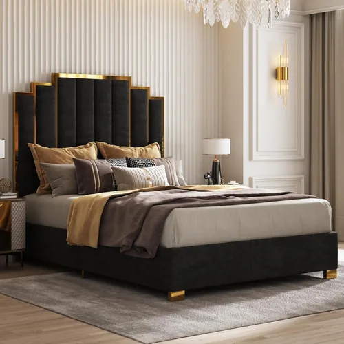 Miniatura 3 de AMERLIFE Cama tapizada tamaño Queen, marco de cama de terciopelo moderno con cabecera de ribete dorado de 61.4 pulgadas de alto, no necesita somier