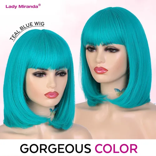 Miniatura 4 de Lady Miranda Peluca verde azulado corta Bob con flequillo para mujer, resistente al calor, peluca sintética turquesa de 12 pulgadas, peluca