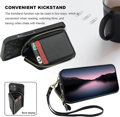 Miniatura 5 de Bocasal Funda tipo cartera cruzada para iPhone 14 Plus, bloqueo RFID, de piel sintética, con cremallera, funda tipo cartera con función atril y Negro