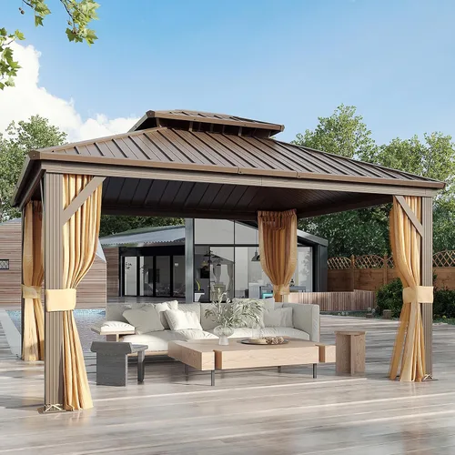 Miniatura 12 de YOLENY Cenador de techo duro de 10 x 13 pies, toldo de policarbonato para exteriores con techo doble, pabellón permanente de aluminio con cortinas