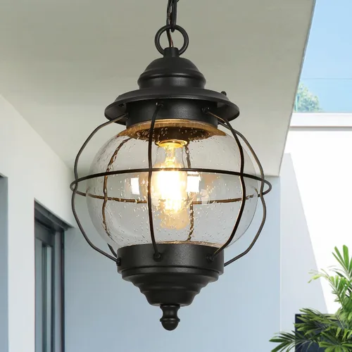 Miniatura 9 de Lámpara colgante para exteriores, luces colgantes exteriores de granja con cadena ajustable, luz de techo negra para exteriores con vidrio