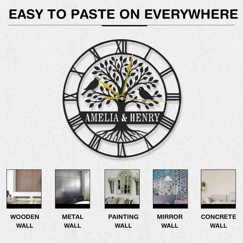 Miniatura 6 de Reloj de pared de metal personalizado, árbol de la vida, letrero de metal con nombre de familia, reloj rústico con número romano para sala de estar