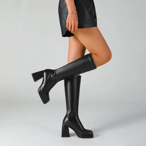 Miniatura 6 de DOBOYG Botas altas hasta la rodilla para mujer, botas de plataforma, tacón grueso de bloque elástico, punta cuadrada, botas altas de charol