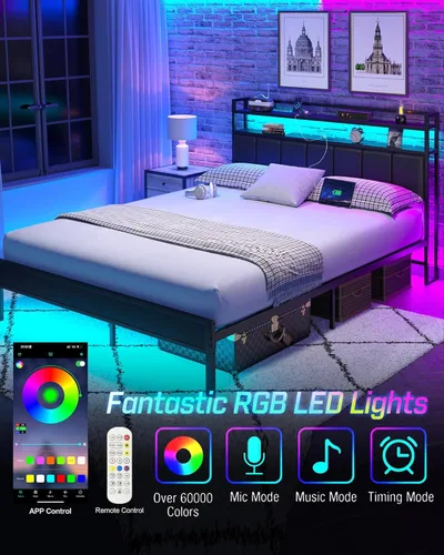 Miniatura 3 de Marco de cama tamaño twin con estación de carga y luces LED, marco de cama de metal con cabecero, cabecera tapizada negra con estantes