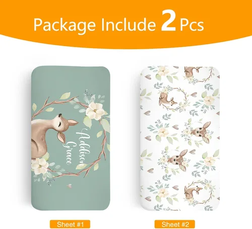 Miniatura 2 de Sábanas verdes personalizadas para cuna, sábana bajera ajustable de bebé con nombre personalizado para funda de colchón de cuna estándar, paquete