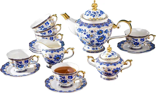 ACMLIFE Juego de té de porcelana de hueso para 6, juego de té azul y blanco para adultos, oro de 24 quilates, tazas y platillos vintage florales