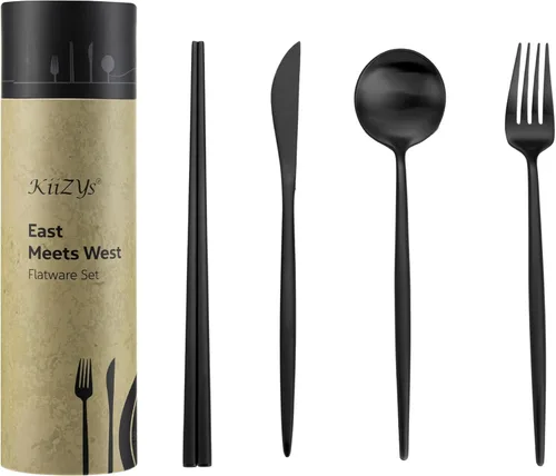 Miniatura 13 de KiiZYs Juego de cubiertos negro mate – Juego de cubiertos modernos de 14 piezas de acero inoxidable – Palillos de metal para cocina, tenedor