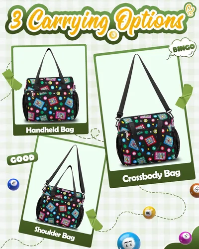 Miniatura 3 de Bolsa de bingo para Daubers Dabbers Dobbers Dotters resistente al agua, bolsa de accesorios de bingo con bolsillos para adultos mayores (negro/verde)