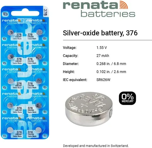 Miniatura 2 de Renata 376 SR626W Baterías – 1.55 V Óxido de Plata 376 Batería de reloj (2 unidades)