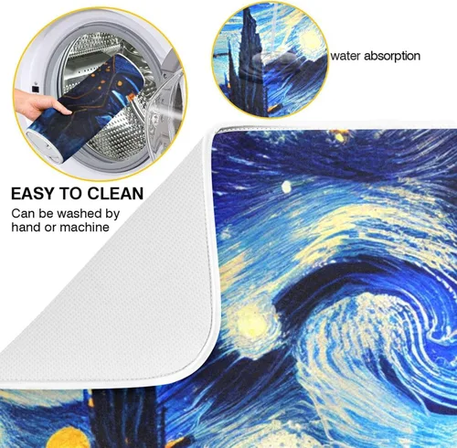 Miniatura 2 de Vnurnrn Tapete de secado nocturno de platos estilo Van Gogh para encimera de cocina, tapete escurridor de platos de microfibra, absorbente de secado