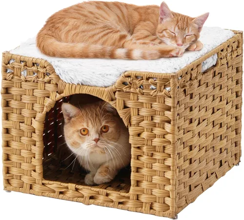 SETVSON Camas para gatos para interiores, casa de gatitos, cubo de ratán tejido a mano, cueva para gatos, casas grandes para gatos, una alfombrilla
