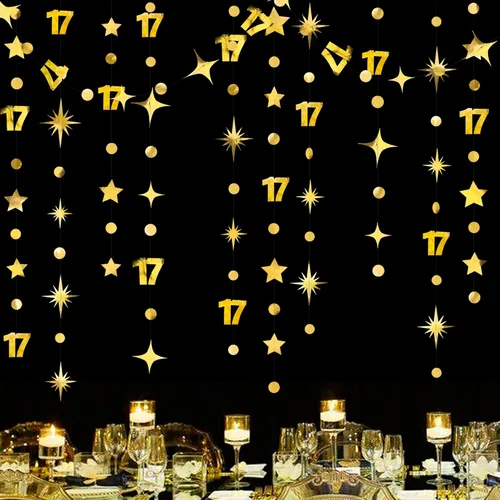 Miniatura 9 de Decoraciones negras de cumpleaños número 17, guirnalda de estrellas y círculos, telón de fondo para niñas y niños, vítores a 17 años de edad
