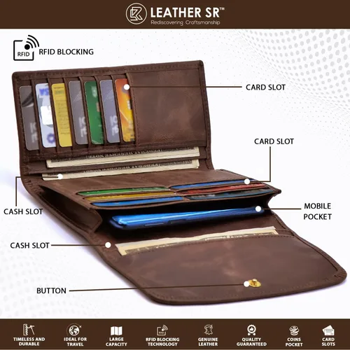 Miniatura 2 de Leather SR Cartera de cuero de grano superior RFID para mujer, con aspecto vintage resistente con 13 ranuras para tarjetas, 2 compartimentos