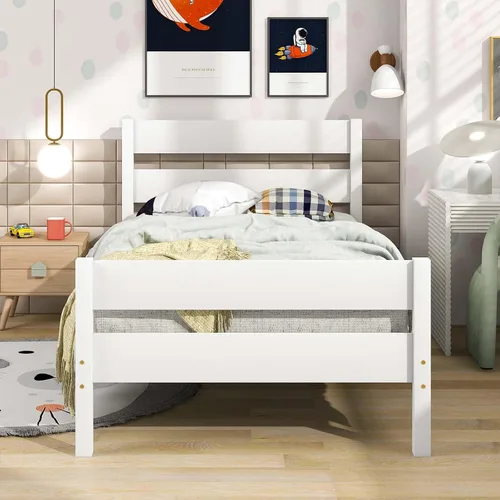 Miniatura 14 de Base de cama de plataforma de madera de tamaño individual con cabecera y estribo de estilo moderno, marco de cama de madera con patas de soporte