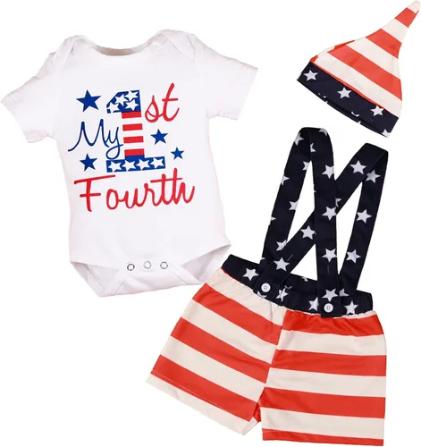 Traje del Día de la Independencia para bebé niño recién nacido 4 de julio, traje para niño con mi primer día de la independencia, traje + sombrero 3