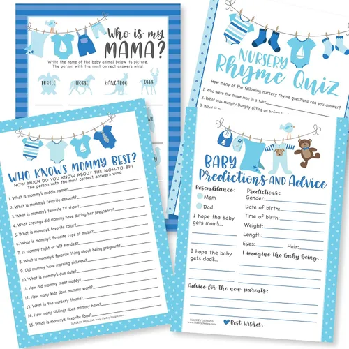 Miniatura 12 de Hadley Designs Juegos de baby shower para 25 invitados – Juego de ropa azul para baby shower, juego de baby shower verdadero o falso, juego