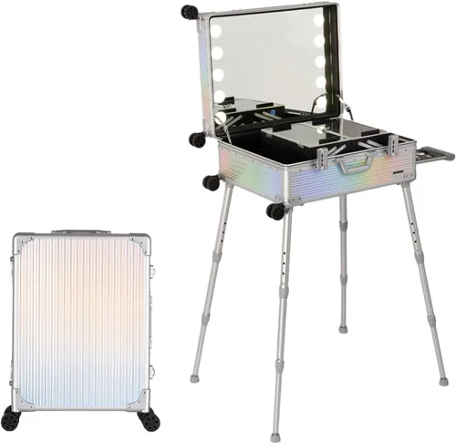 Maletín De Maquillaje Con Ruedas, De Aluminio, Con Luces Led, Ideal Para Estudios De Maquillaje Profesional. Incluye Soporte Y Luces. Color: Negro A