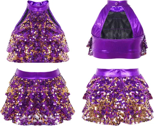 Miniatura 71 de JEATHA Top corto con borlas y lentejuelas brillantes para niñas, con minifalda, jazz latino, salsa, samba, rumba, baile