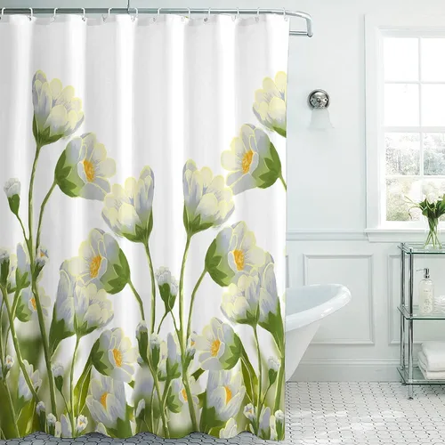 Miniatura 8 de Cortina de ducha de tela impermeable con diseño de margaritas blancas y flores blancas para baño, decoración bohemia de baño con 12 ganchos