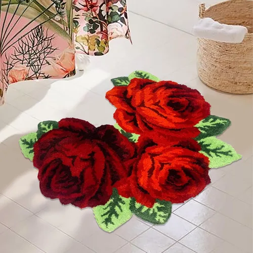 Alfombras de baño de rosas rojas, alfombras de inodoro en forma de U, lavables, gruesas, suaves, antideslizantes, alfombras de área de flores Rojo