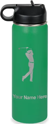 Miniatura 38 de LaserGram Botella de agua personalizada, golfista de golf, acero inoxidable de doble pared aislada al vacío con popote superior, regalo grabado Negro