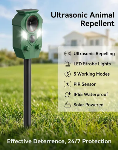 Miniatura 2 de Paquete de 4 dispositivos solares repelentes de ciervos con sensor de movimiento y luces LED, repelente de gatos impermeable para exteriores