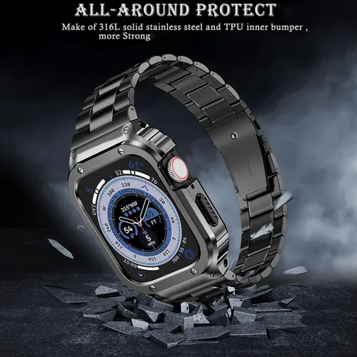Miniatura 3 de MioHHR Correa y funda de acero inoxidable compatible con Apple Watch Band de 1.614 in, 1.575 in y 1.496 in, cubierta protectora de metal para Negro