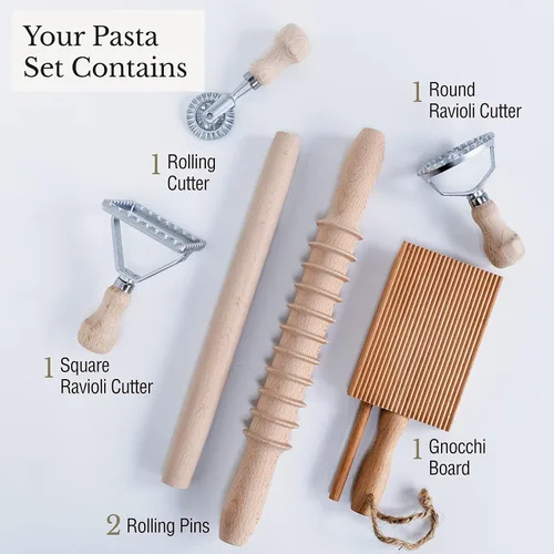 Miniatura 2 de Juego completo de 6 herramientas para hacer pasta, incluye dos cortadores de sellos de ravioli y juego de ruedas enrollables, dos rodillos de pasta